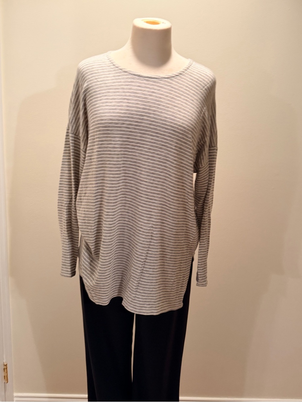 Eileen Fisher Light Gray and White Striped Pullover Sweater